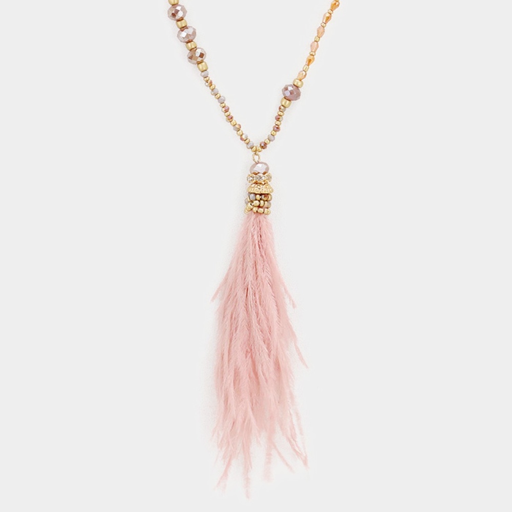 Multi Beaded Pink Feather Long Necklace